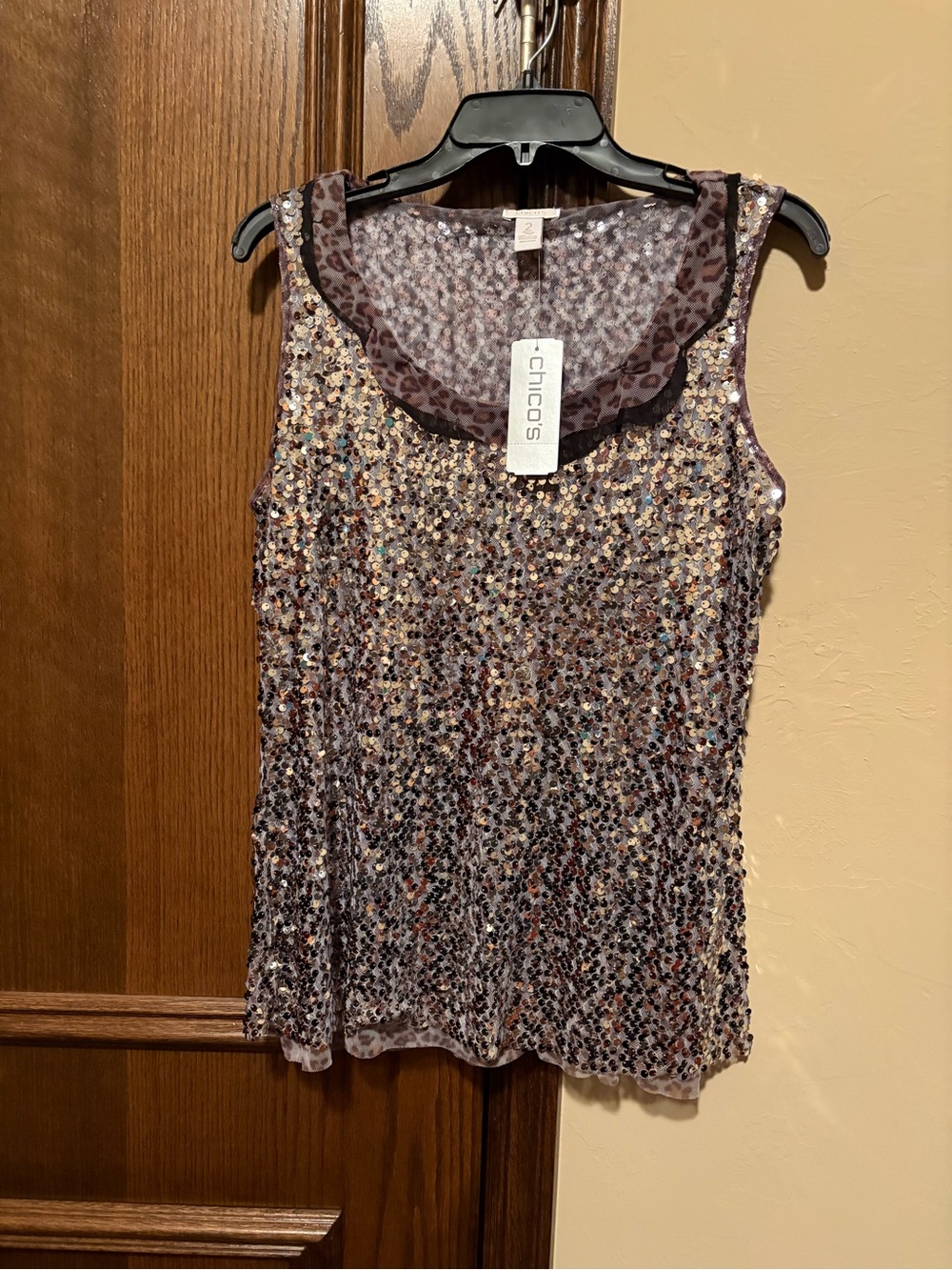 Chico's Silver Sequin Cami with Leopard-Trim Scoop Neck